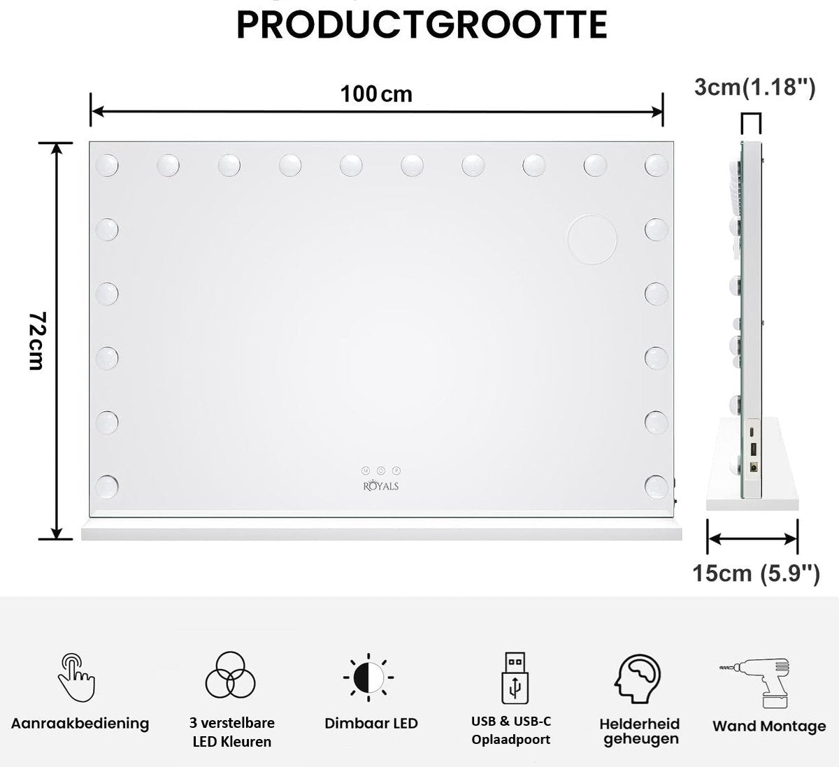 Royals Hollywood make up Spiegel 100x70CM - 20x Led Lampen