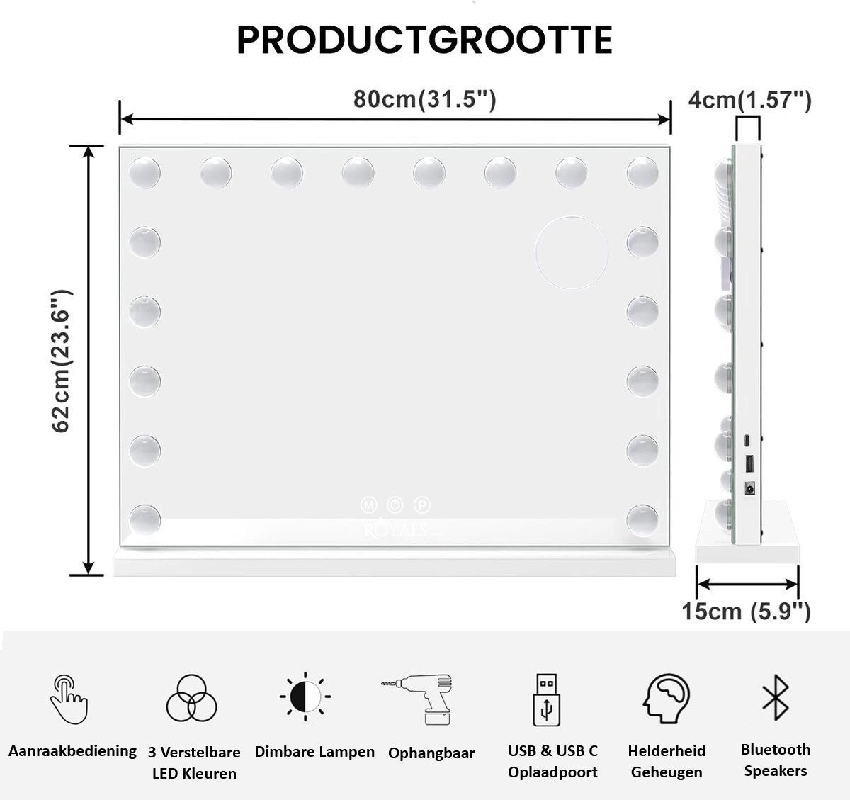 Royals Hollywood make up Spiegel - 80x60CM - Bluetooth - 18x Led Lampen