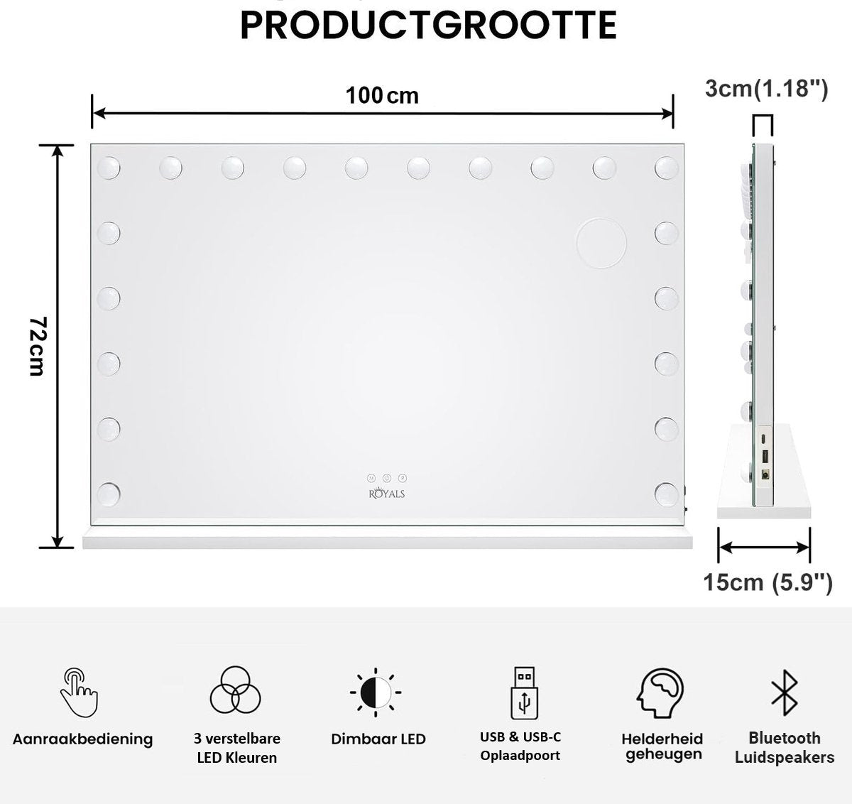 Royals Hollywood make up Spiegel - 100x70CM - Bluetooth - 20x Led Lampen