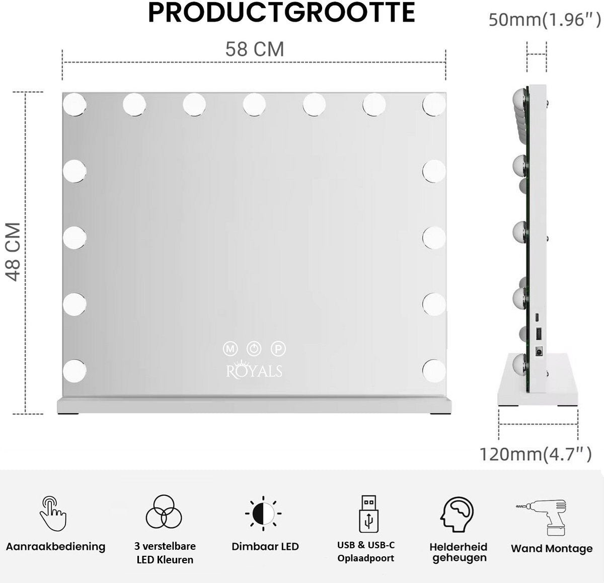 Royals Hollywood make up Spiegel - 58x48CM - 15x Led Lampen
