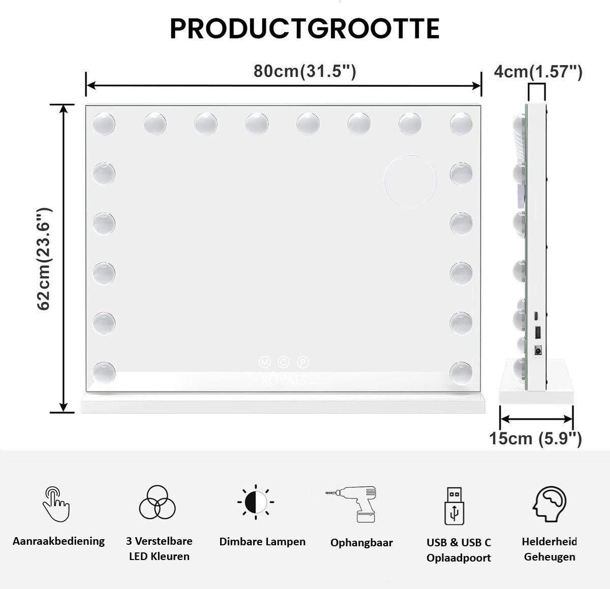 Royals Hollywood make up Spiegel - 80x60CM - 18x Led Lampen