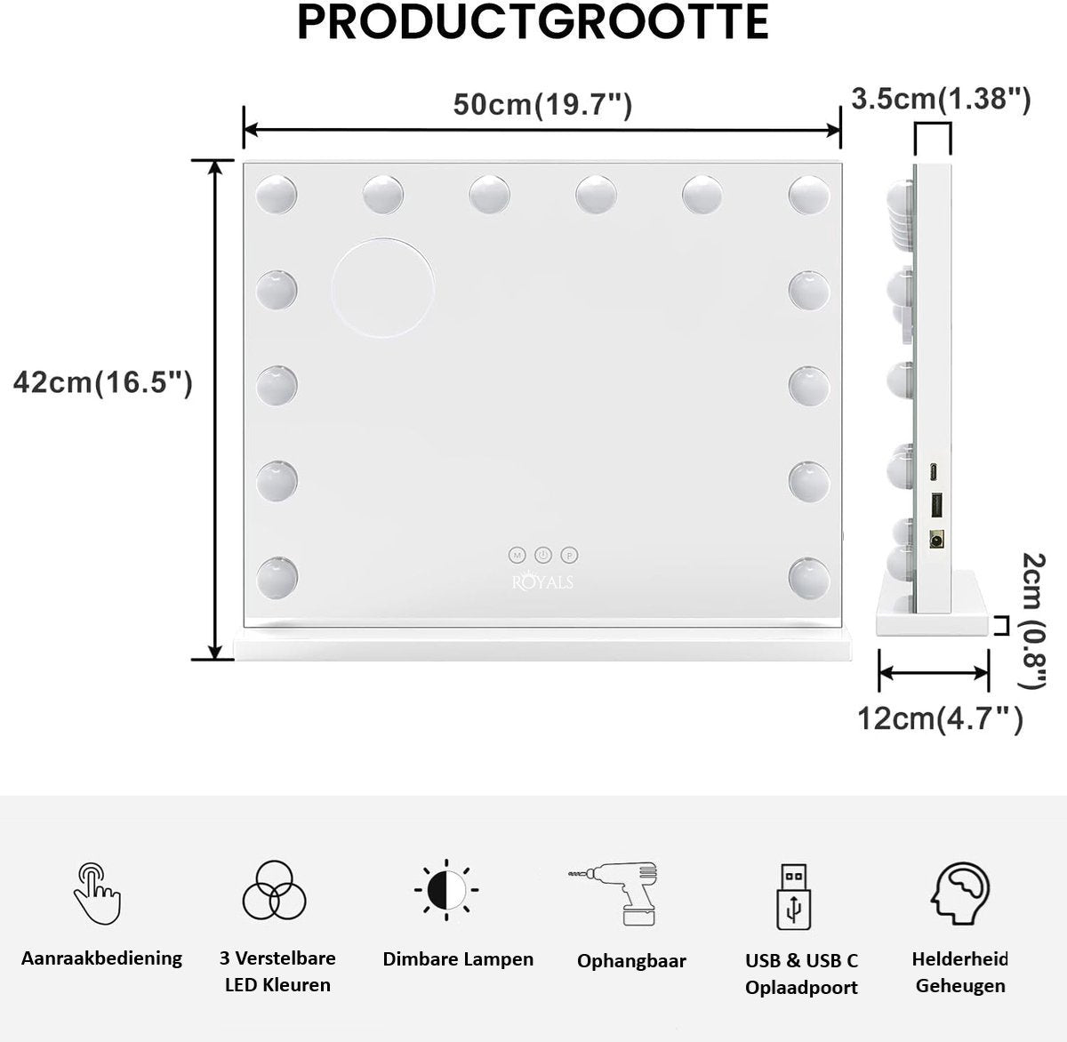 Royals Hollywood make up Spiegel - 50x42CM - 14x Led Lampen