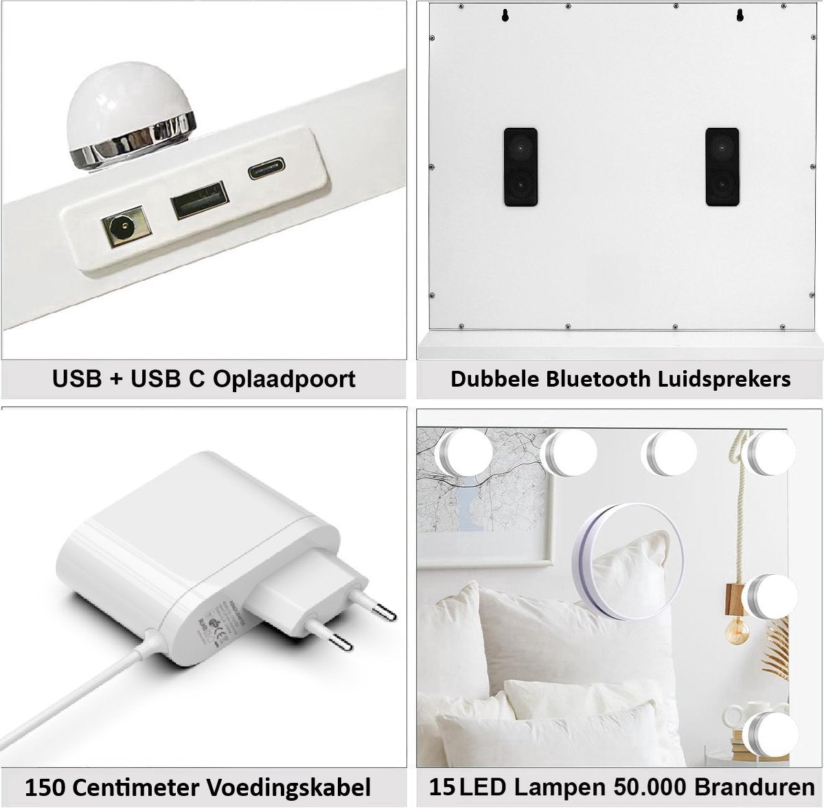 Royals Hollywood make up Spiegel - 58x48CM - Bluetooth - 15x Led Lampen