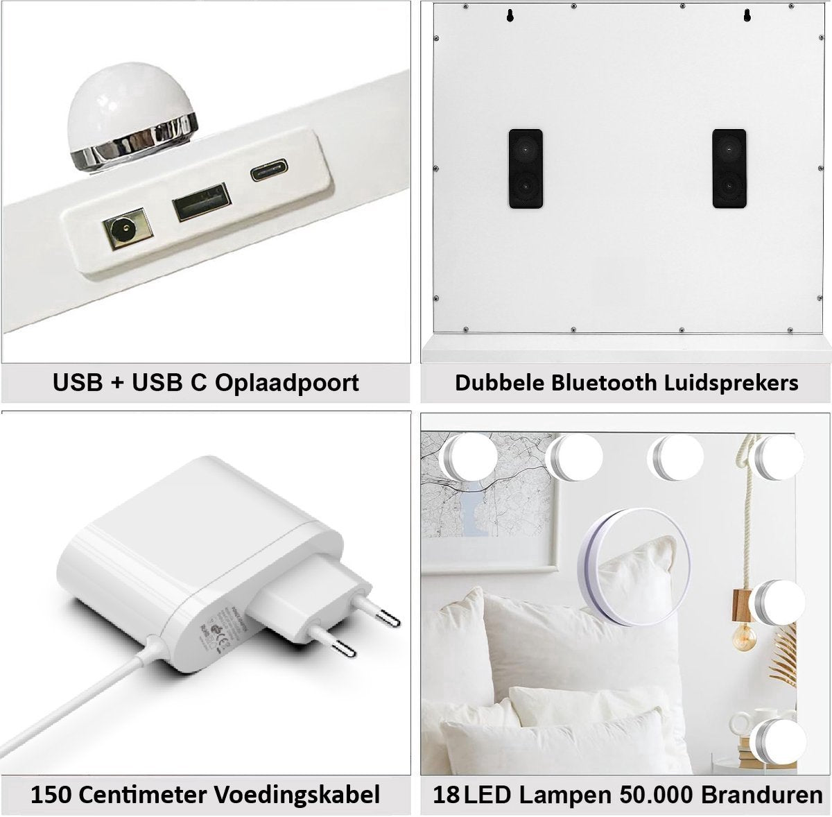 Royals Hollywood make up Spiegel - 80x60CM - Bluetooth - 18x Led Lampen