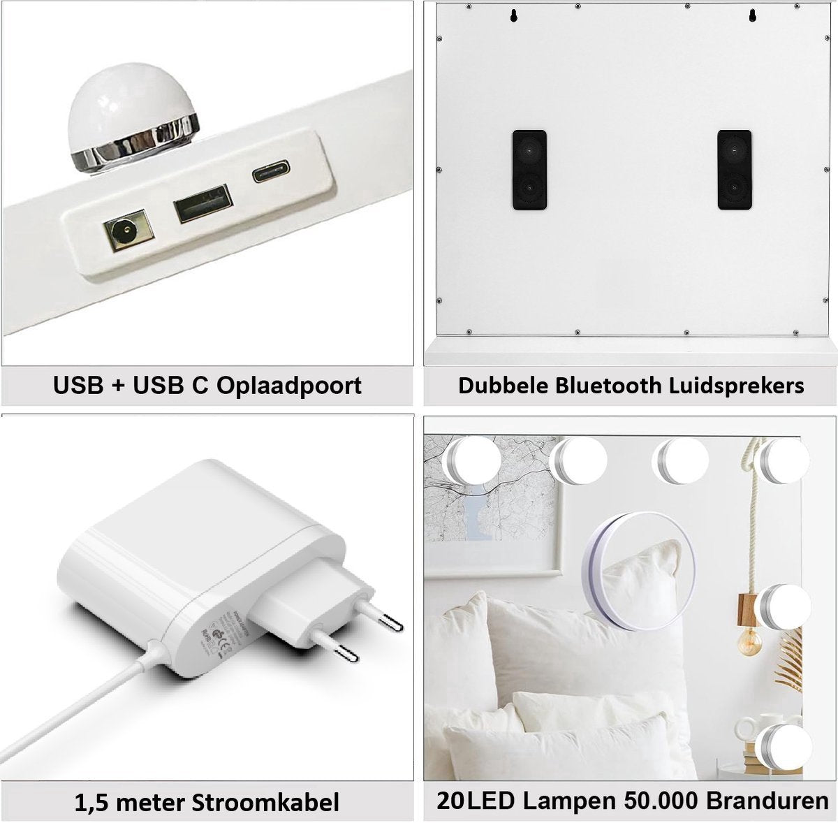 Royals Hollywood make up Spiegel - 100x70CM - Bluetooth - 20x Led Lampen