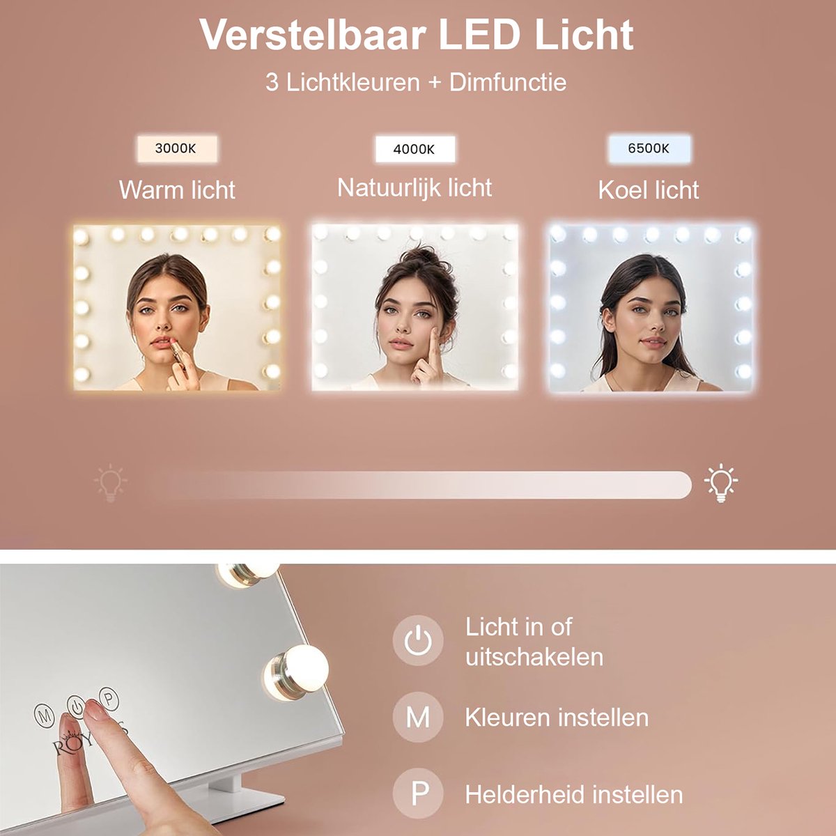 Royals Hollywood make up Spiegel - 63x46CM - 360° Rotatie - 15x Led Lampen