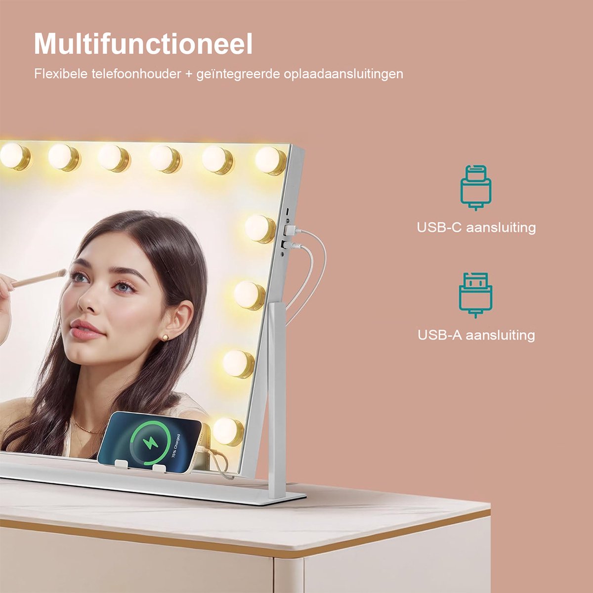 Royals Hollywood make up Spiegel - 63x46CM - Bluetooth - 360° Rotatie - 15x Led Lampen