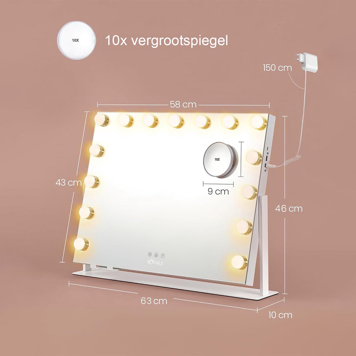 Royals Hollywood make up Spiegel - 63x46CM - Bluetooth - 360° Rotatie - 15x Led Lampen