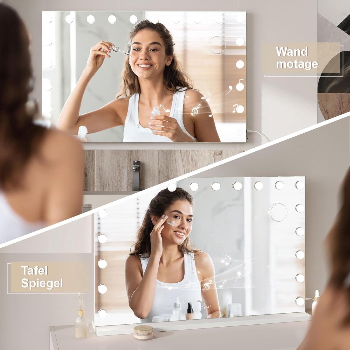 Royals Hollywood make up Spiegel - 100x70CM - Bluetooth - 20x Led Lampen