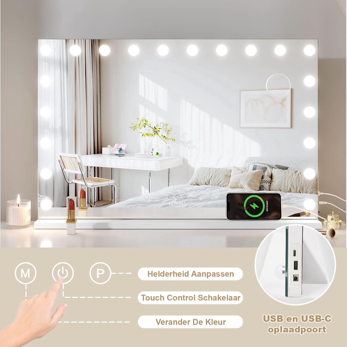 Royals Hollywood make up Spiegel 100x70CM - 20x Led Lampen