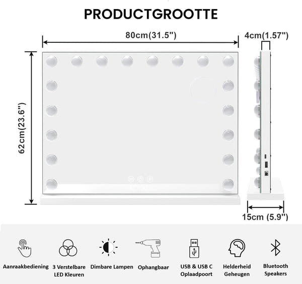 Royals Hollywood make up Spiegel - 80x60CM - Bluetooth - 18x Led Lampen