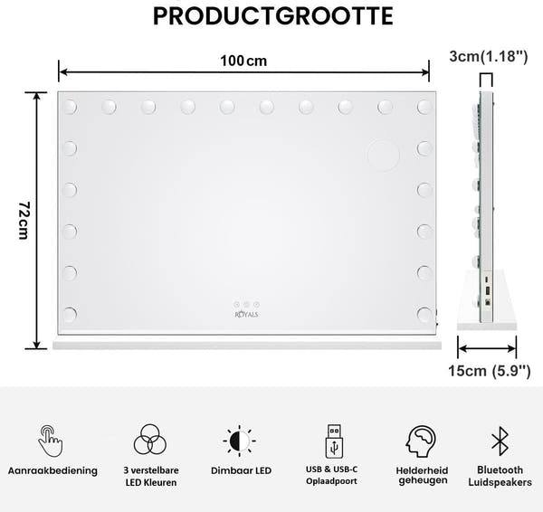 Royals Hollywood make up Spiegel - 100x70CM - Bluetooth - 20x Led Lampen