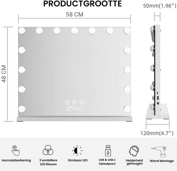 Royals Hollywood make up Spiegel - 58x48CM - 15x Led Lampen