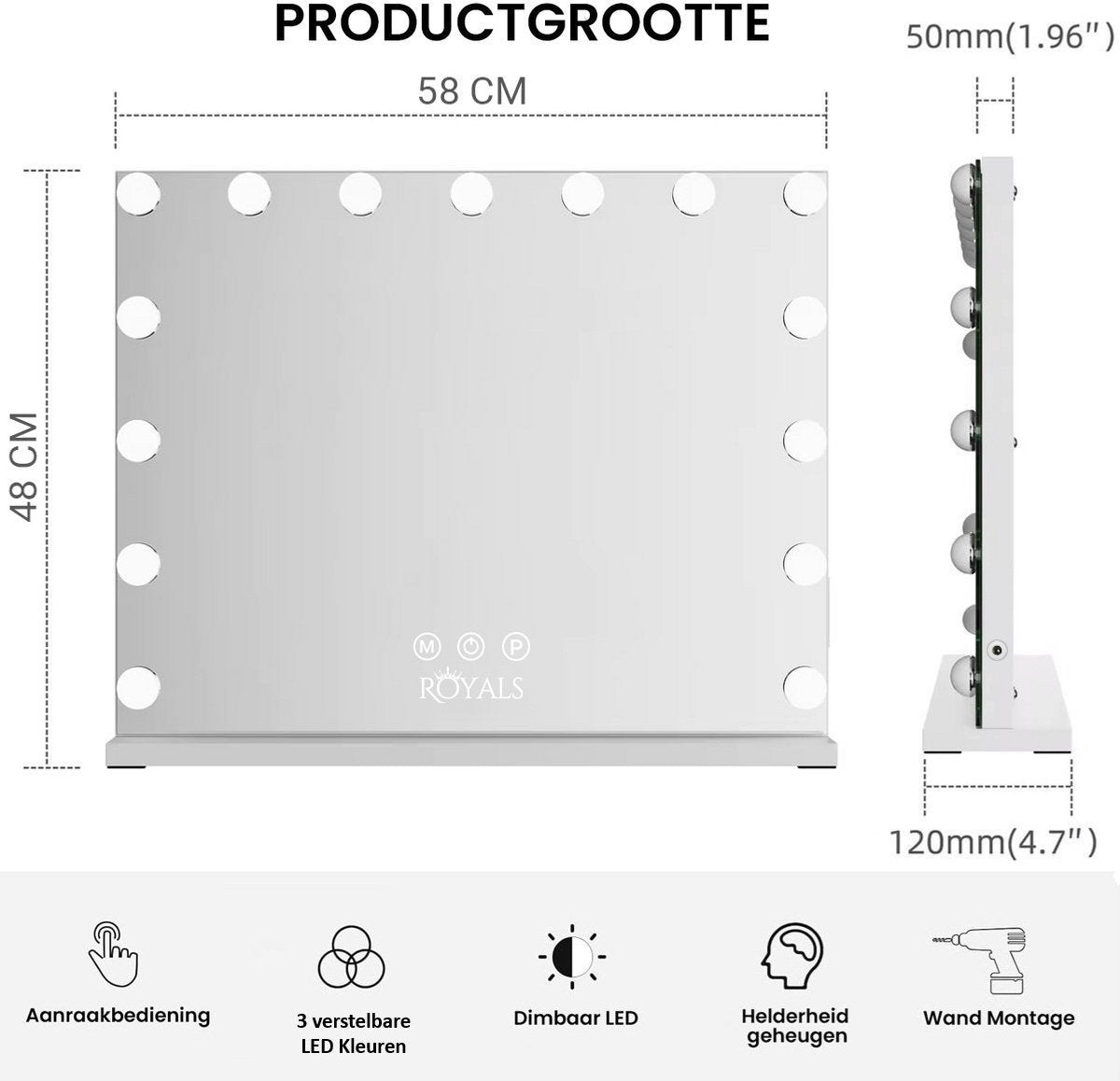 Royals Hollywood make up Spiegel - 58x48CM - 15x Led Lampen