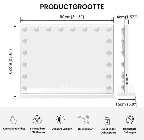 Royals Hollywood make up Spiegel - 80x60CM - 18x Led Lampen