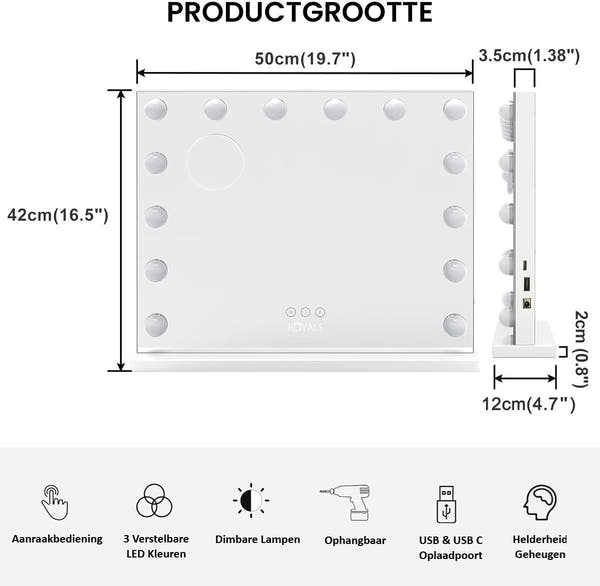 Royals Hollywood make up Spiegel - 50x42CM - 14x Led Lampen
