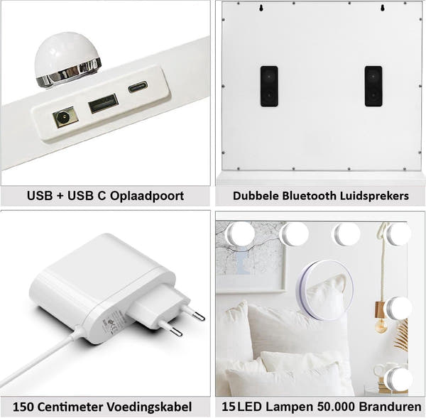 Royals Hollywood make up Spiegel - 58x48CM - Bluetooth - 15x Led Lampen