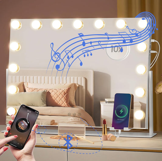 Royals Hollywood make up Spiegel - 63x46CM - Bluetooth - 360° Rotatie - 15x Led Lampen