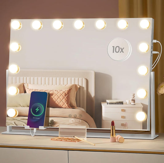 Royals Hollywood make up Spiegel - 63x46CM - 360° Rotatie - 15x Led Lampen