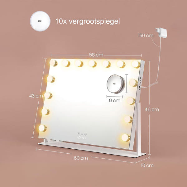 Royals Hollywood make up Spiegel - 63x46CM - 360° Rotatie - 15x Led Lampen
